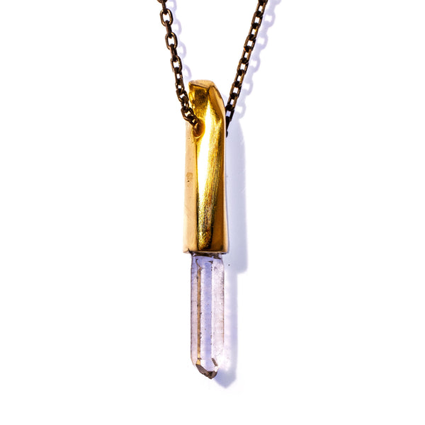 SMALL FACETED CRYSTAL CAP BRASS / RAW CLEAR QUARTZ PENDANT