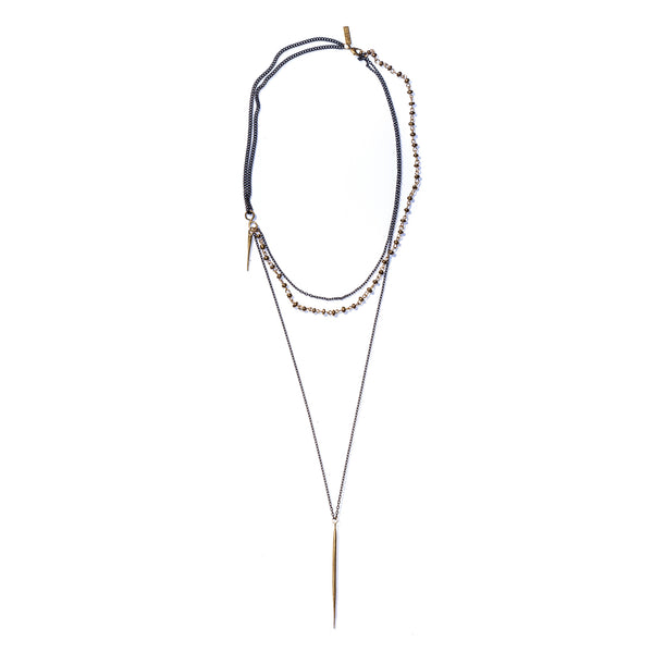 LAYERED BRASS ROSARY / CHAIN QUILL DROP NECKLACE BRASS