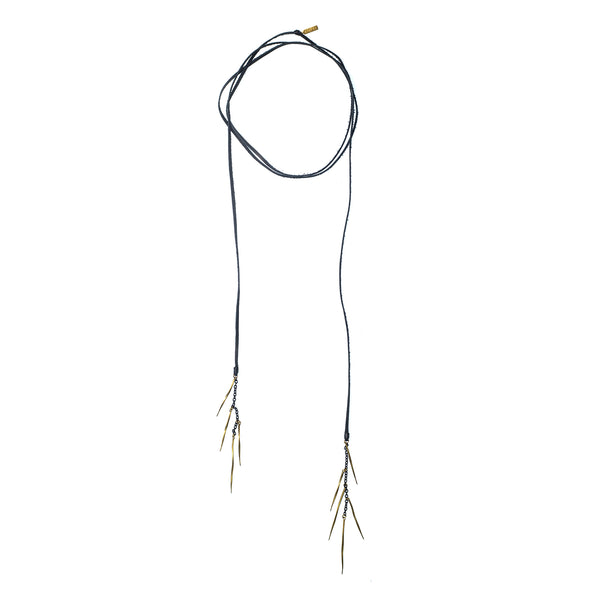 Black Leather Lariat With Twist Spike Fringe Brass