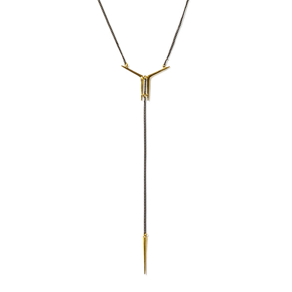 Small Mirrored Ray Y Necklace with Telson Drop Brass