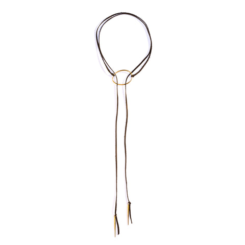 Convex Ellipse Leather Lariat Choker with Spike Drops Brass / Black