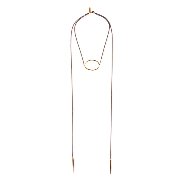 Large Ellipse Lariat W Spike Drops Brass