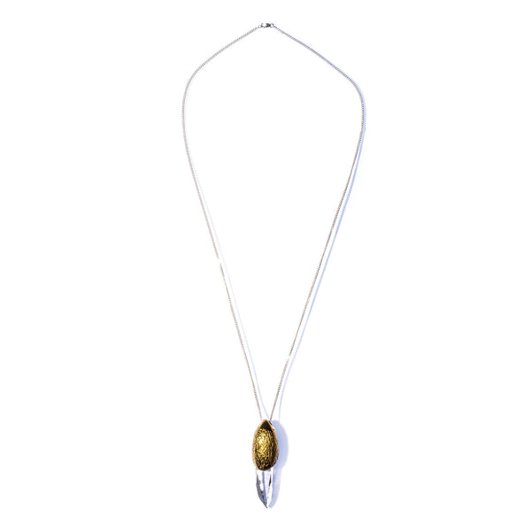 BRASS SILK COCOON CAP / OPTICAL LEMURIAN QUARTZ PENDANT / SILVER CHAIN